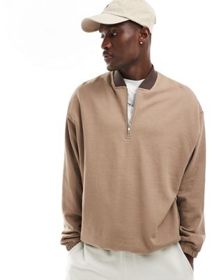 Asos Design Oversized Half Zip Sweatshirt With Contrast Collar In Brown