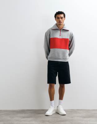Asos Design Oversized Half Zip Sweatshirt With Contrast Zip And Chest Panel In Gray