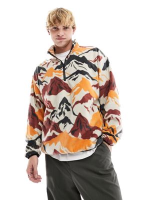 Asos Design Oversized Half Zip Sweatshirt With Neutral Mountain Scene All Over Print In Polar Fleece-multi