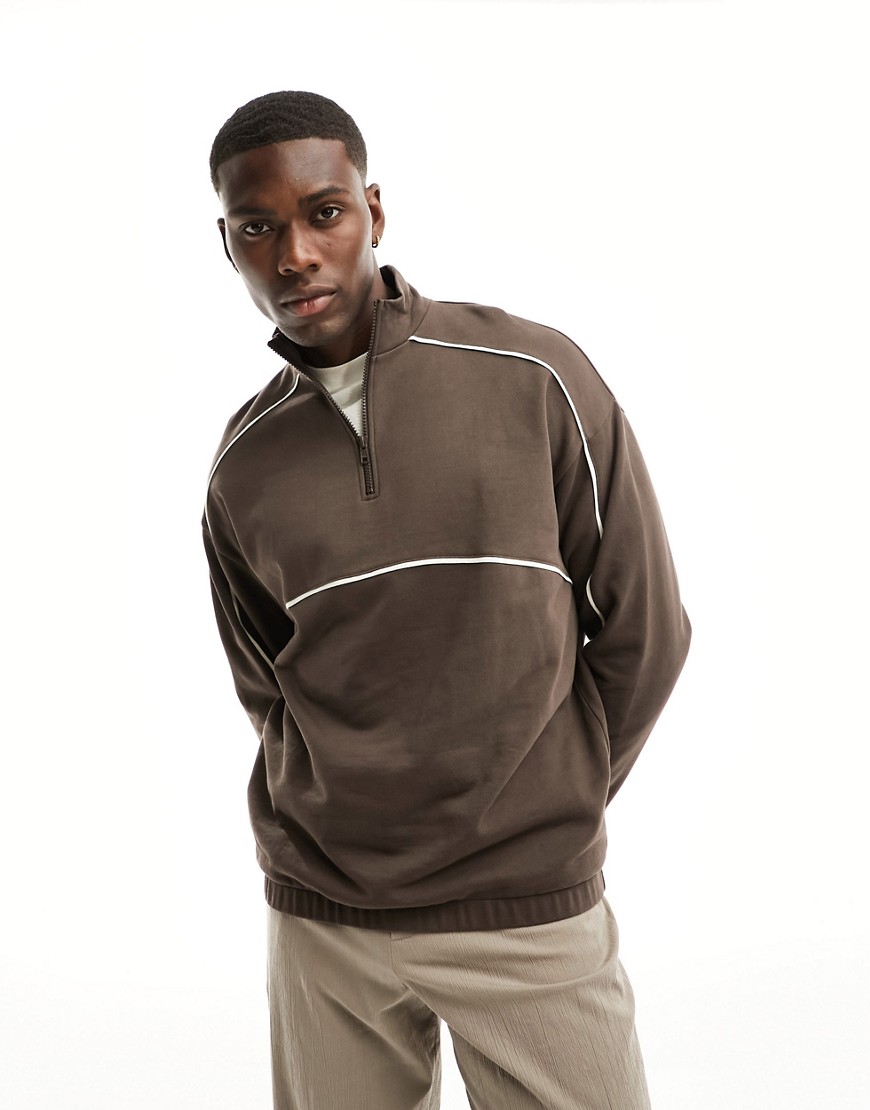 ASOS DESIGN oversized half zip sweatshirt with piping in brown