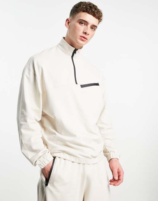 ASOS DESIGN oversized half zip sweatshirt in beige - BEIGE