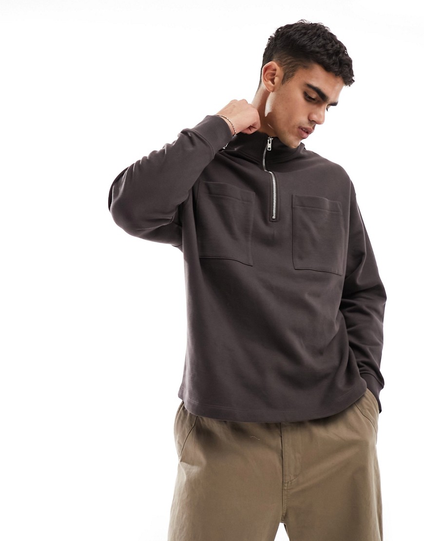 ASOS DESIGN oversized half zip sweatshirt with pocket in dark brown