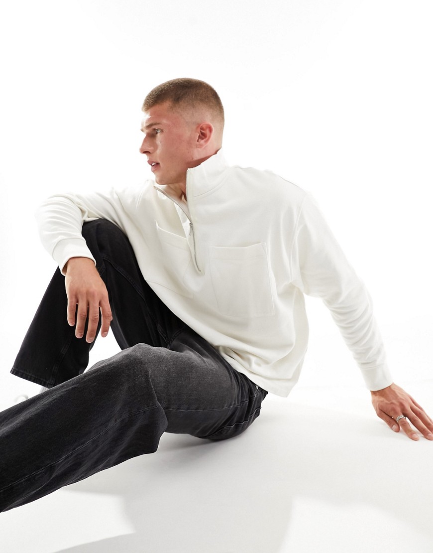 ASOS DESIGN oversized half zip sweatshirt with pocket in soft white-Neutral