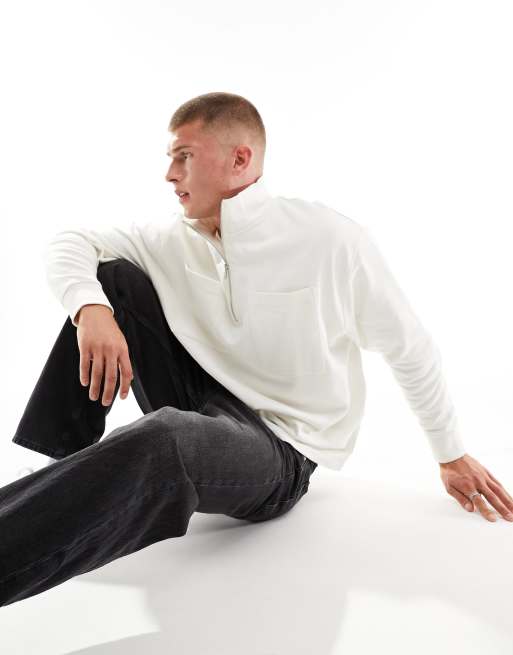ASOS DESIGN oversized half zip sweatshirt with pocket in soft white