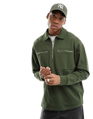 ASOS DESIGN oversized half zip sweatshirt with pockets in dark green - ASOS Price Checker