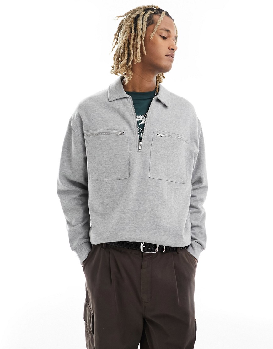 Asos Design Oversized Half Zip Sweatshirt With Pockets In Gray Heather