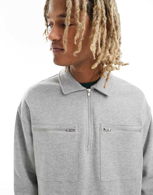 ASOS DESIGN oversized half zip sweatshirt with pockets in grey marl, 2 of 4