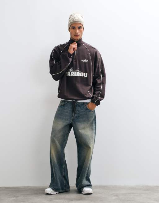 ASOS DESIGN oversized half zip sweatshirt with self elasticated hem, piping and print in brown, 2 of 5