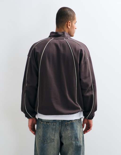 ASOS DESIGN oversized half zip sweatshirt with self elasticated hem, piping and print in brown, 5 of 5