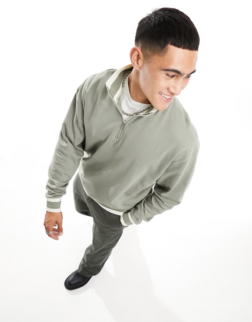 ASOS DESIGN oversized half zip sweatshirt with tipping in green-Grey