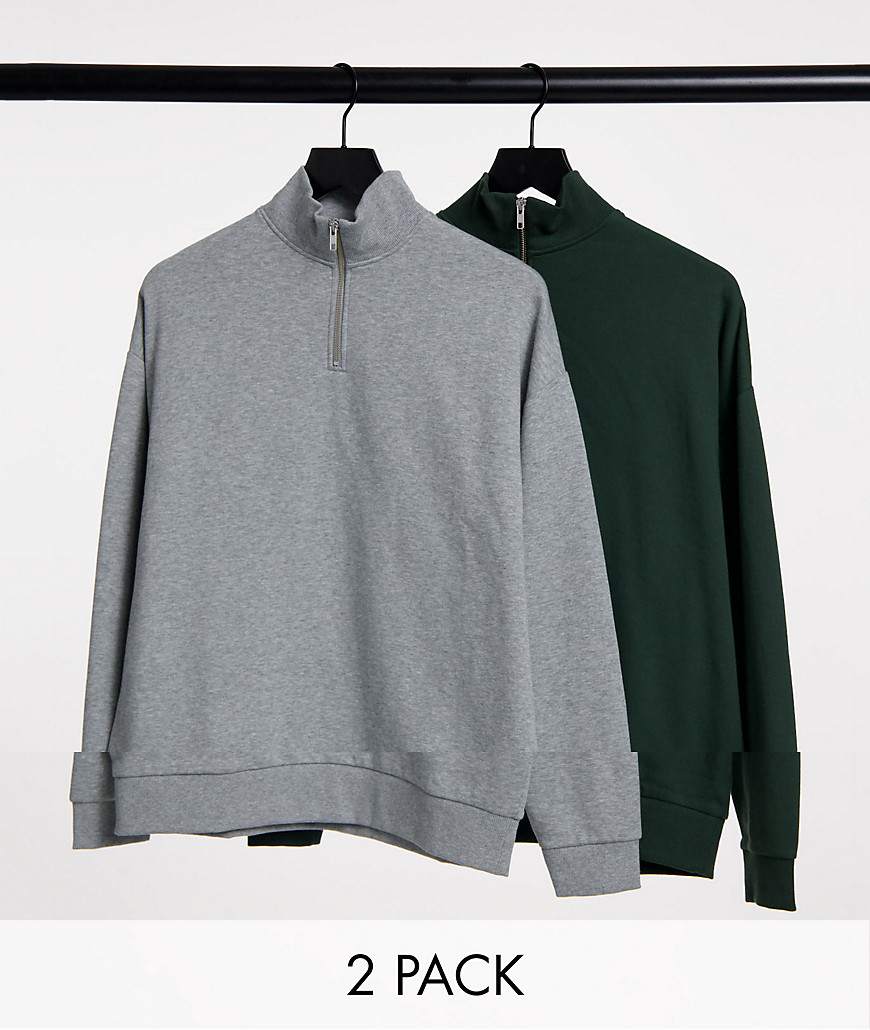 ASOS DESIGN oversized half zip sweatshirts in grey/black 2 pack-Multi