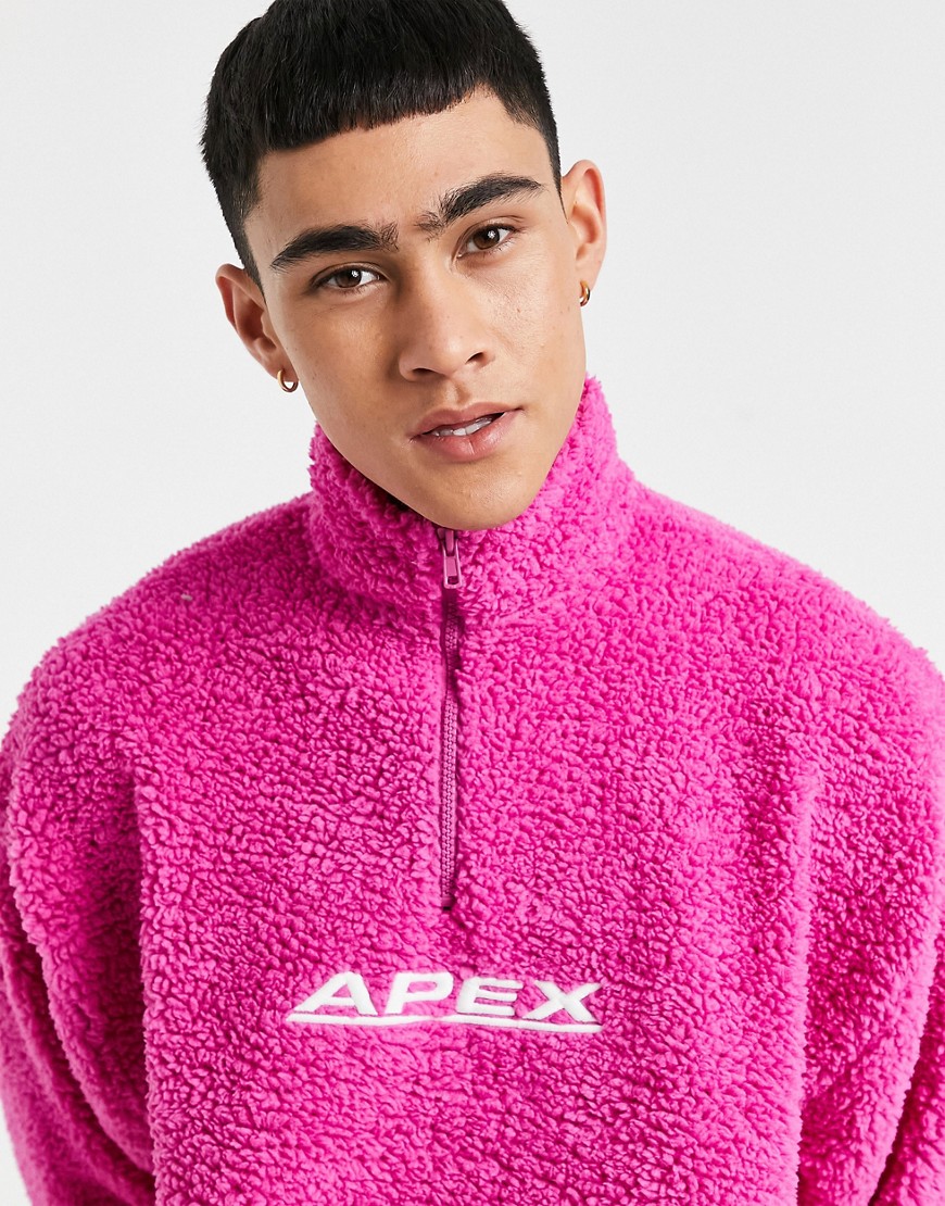 ASOS DESIGN oversized half zip teddy borg sweatshirt with Apex chest embroidery in skater bright pink