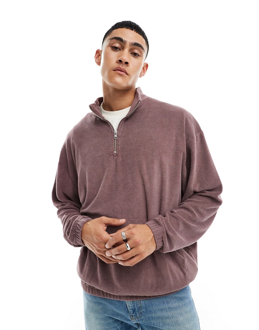 Asos Design Oversized Half Zip Terrycloth Sweatshirt In Washed Brown Mauve