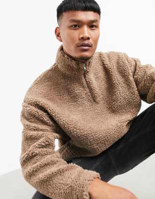 ASOS DESIGN oversized half zip track neck sweatshirt in beige teddy borg-Neutral