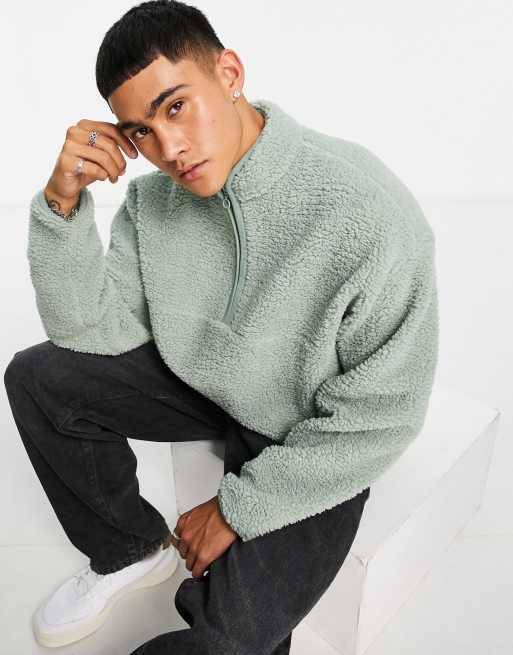 ASOS DESIGN oversized half zip track neck sweatshirt in green borg | ASOS