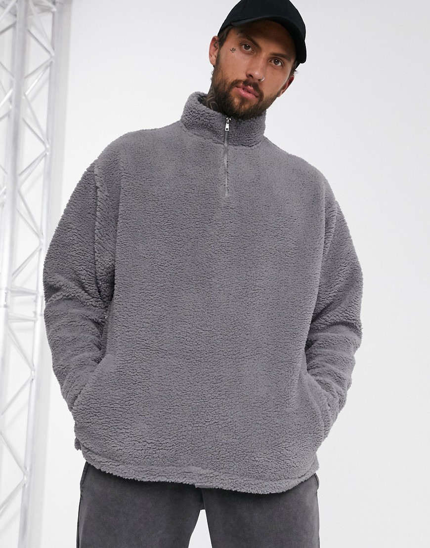 ASOS DESIGN oversized half zip track neck sweatshirt in grey teddy borg