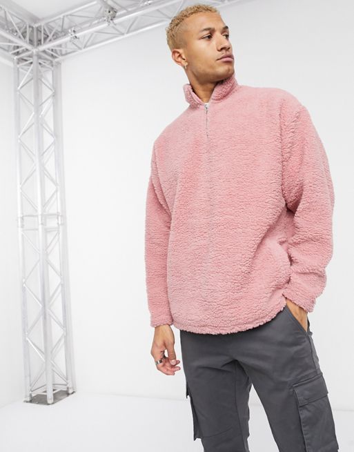 ASOS DESIGN oversized half zip track neck sweatshirt in pink teddy borg ...