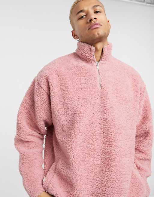 ASOS DESIGN oversized half zip track neck sweatshirt in pink teddy borg