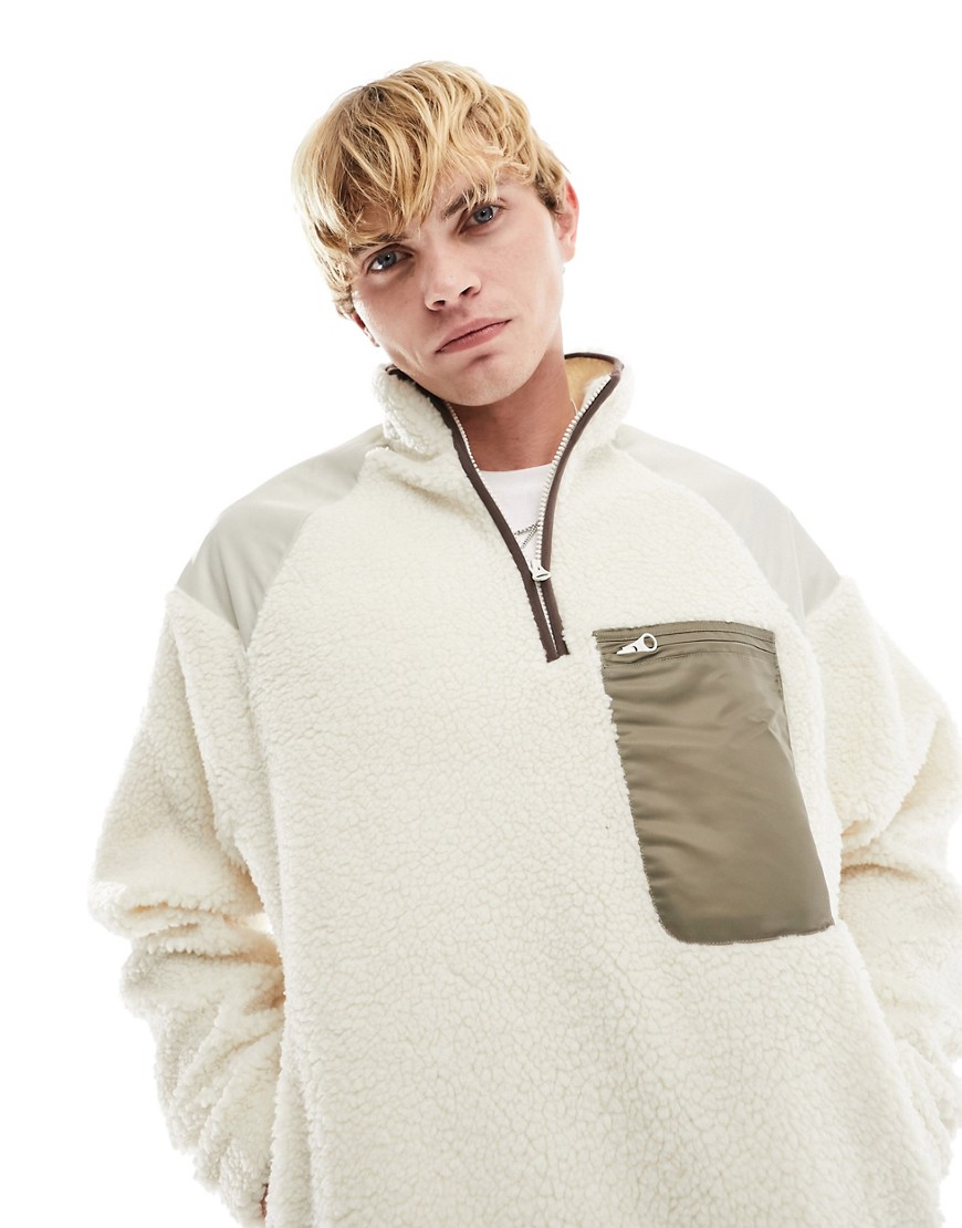 ASOS DESIGN oversized half zip with contrast pocket in off white borg