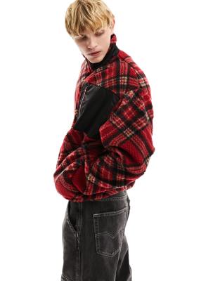 ASOS DESIGN oversized half zip with red tartan all over check in borg
