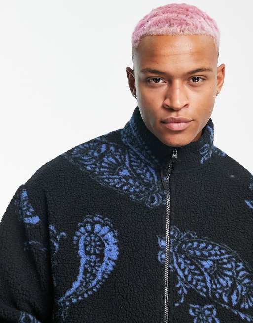 ASOS DESIGN oversized halfzip sweatshirt in blue and black sherpa with  paisley print