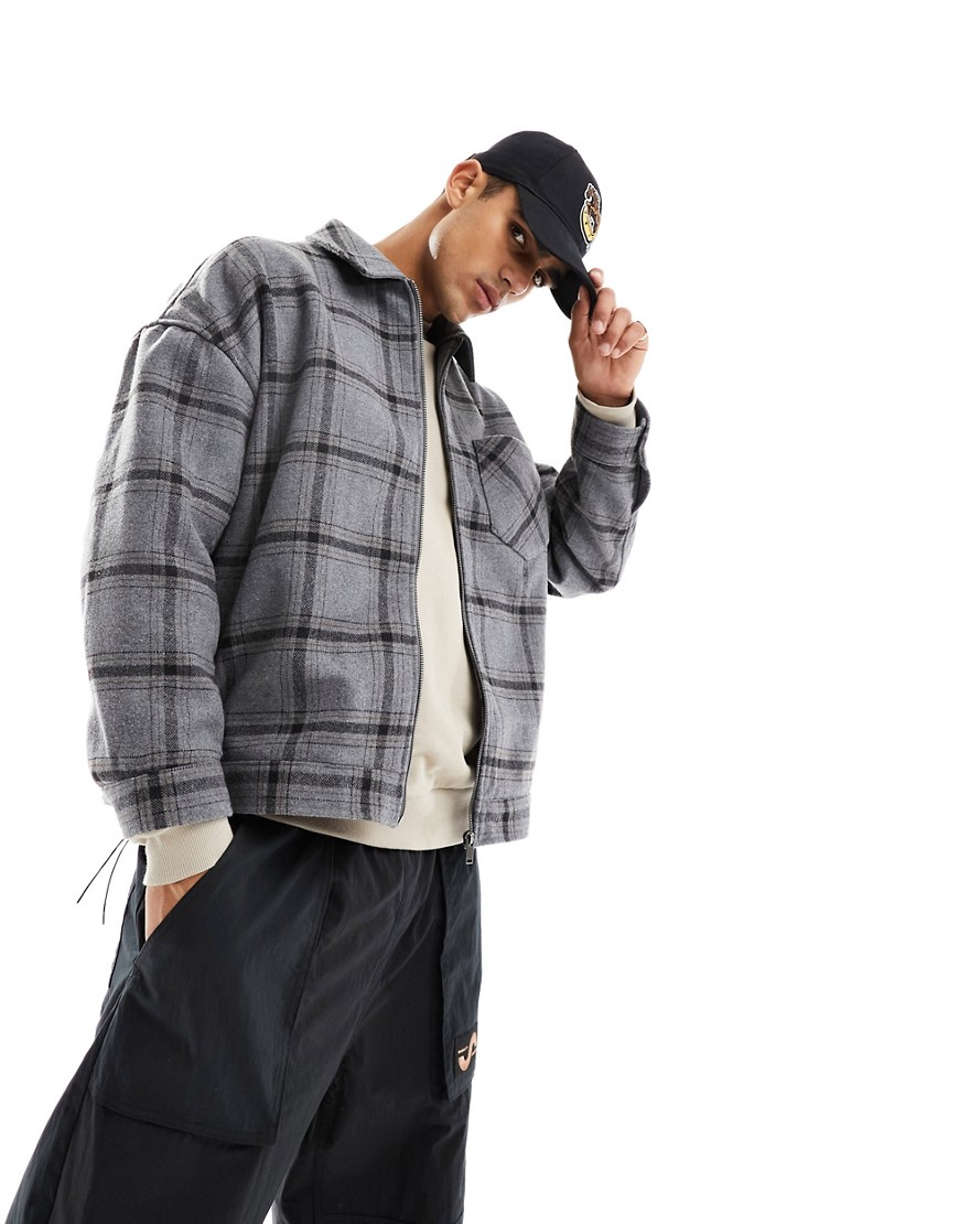 Shop Asos Design Oversized Harrington Check Jacket In Gray