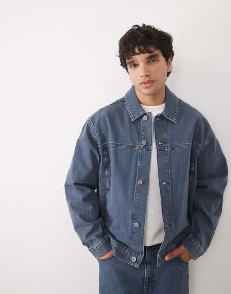 ASOS DESIGN oversized harrington denim jacket in mid wash blue - view 1