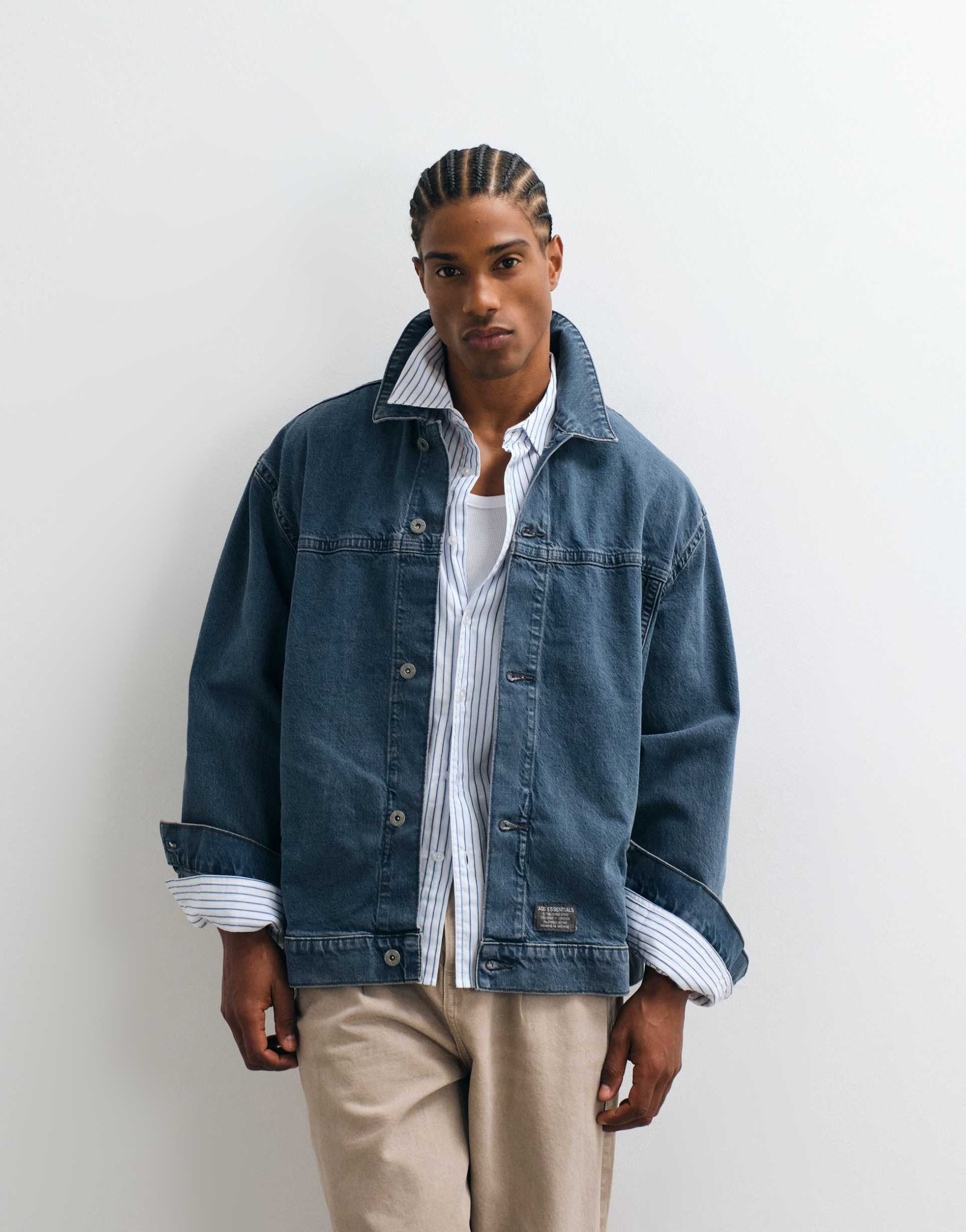 ASOS DESIGN oversized harrington denim jacket in mid wash blue