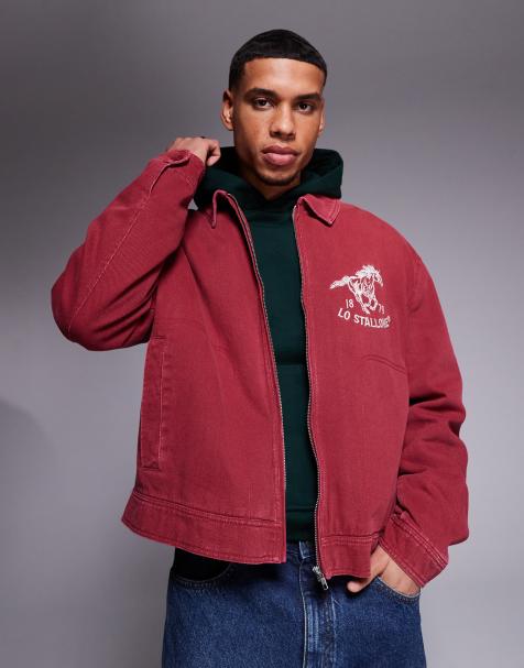 ASOS DESIGN - Oversized Harrington jack met borduursel op de borst in rood met wassing - view 1