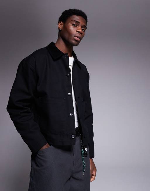 ASOS DESIGN - Oversized Harrington jack met corduroy kraag in zwart met wassing