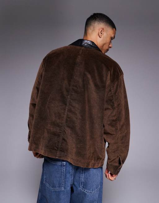 ASOS DESIGN - Oversized Harrington jack met fluweellook in bruin met contrasterende kraag, 2 van 4