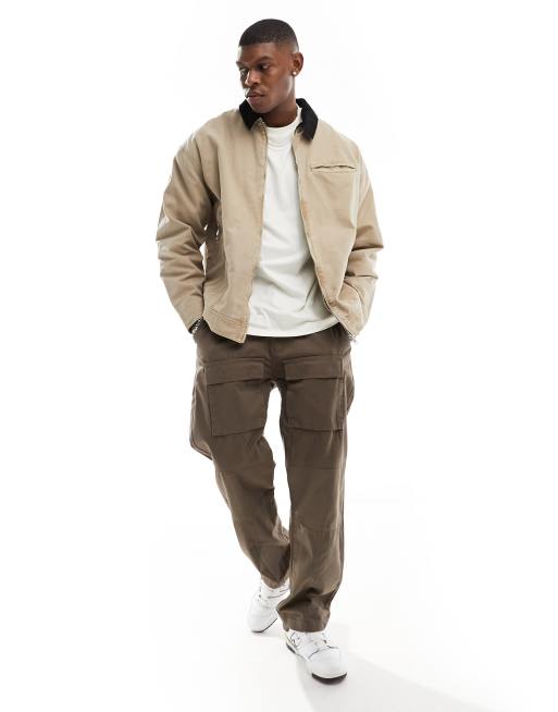 ASOS DESIGN - Oversized Harrington jack met wassing en corduroy kraagje in beige, 2 van 4
