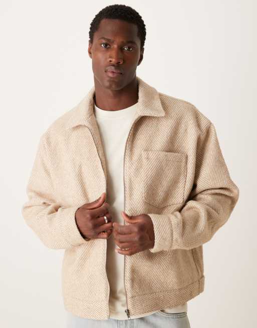 ASOS DESIGN - Oversized harrington jack met wollook en visgraatmotief in ecru