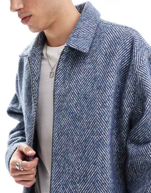 ASOS DESIGN - Oversized harrington jack met wollook en visgraatmotief in marineblauw, 3 van 4