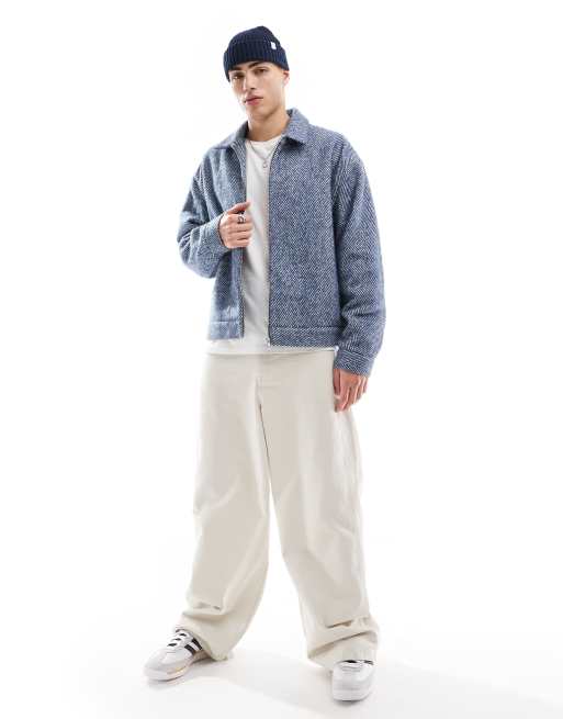 ASOS DESIGN - Oversized harrington jack met wollook en visgraatmotief in marineblauw, 4 van 4