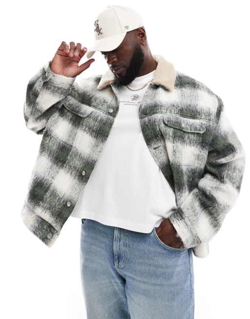 ASOS DESIGN - Oversized Harrington jack met wollook, groene ruitprint en borgkraag, 2 van 4