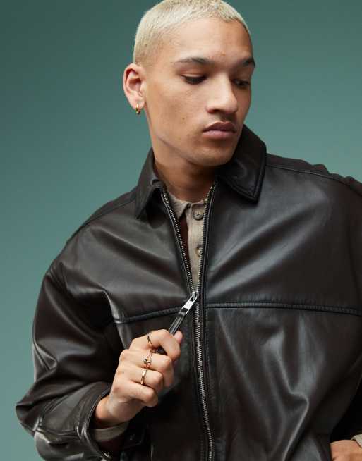 ASOS DESIGN - Oversized Harrington jack van echt premium leer in bruin, 4 van 4