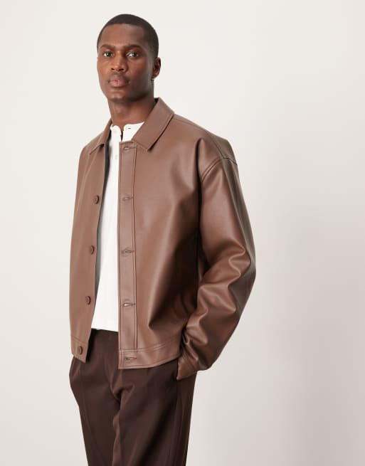 ASOS DESIGN - Oversized Harrington jack van imitatieleer in bruin