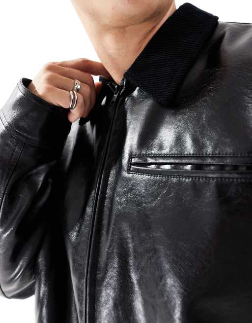 ASOS DESIGN - Oversized harrington jack van imitatieleer met corduroy kraag in zwart, 4 van 4