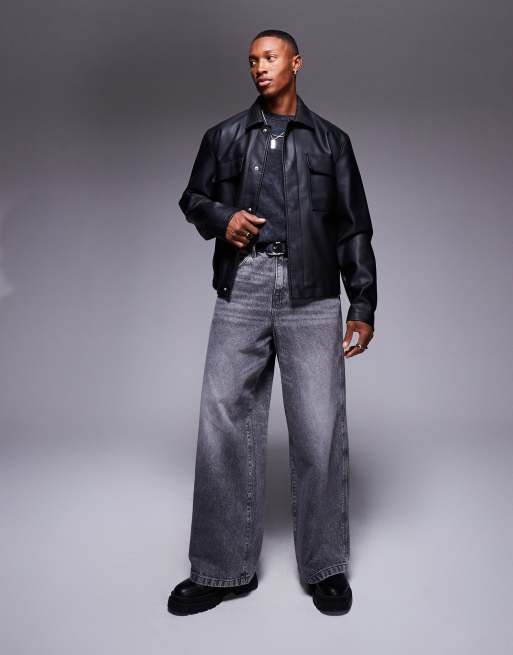 ASOS DESIGN - Oversized Harrington jack van imitatieleer met zakken in zwart, 4 van 4
