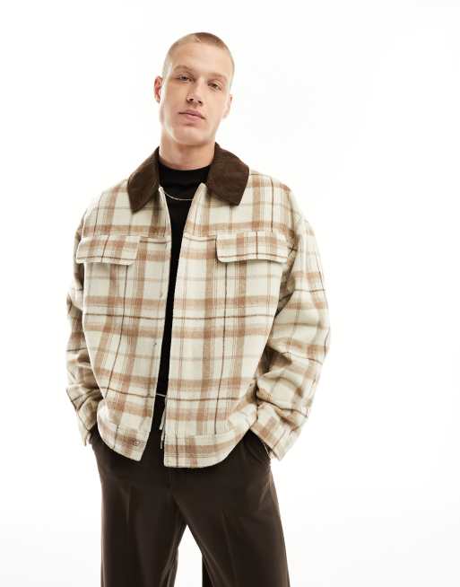 ASOS DESIGN oversized harrington jacket in beige check with brown cord  collar