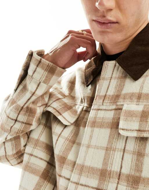 ASOS DESIGN oversized harrington jacket in beige check with brown cord collar