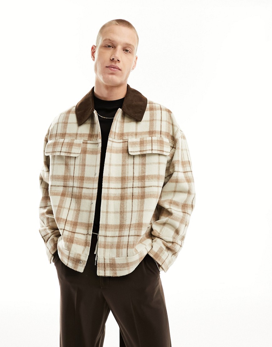 Shop Asos Design Oversized Harrington Jacket In Beige Plaid With Brown Cord Collar