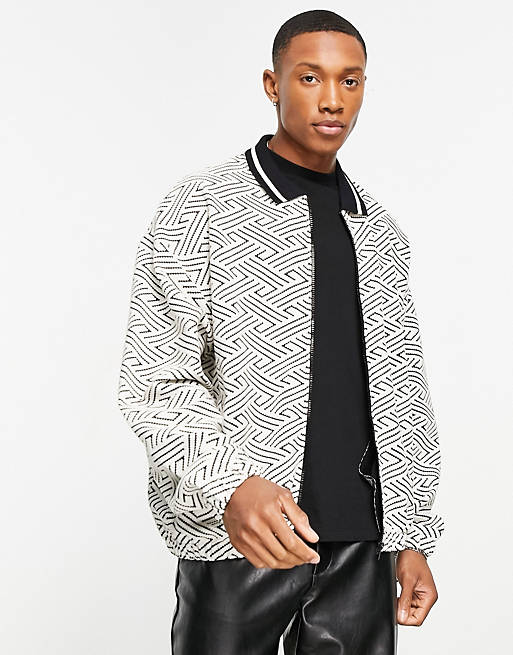 ASOS DESIGN oversized harrington jacket in black and white geo jacquard