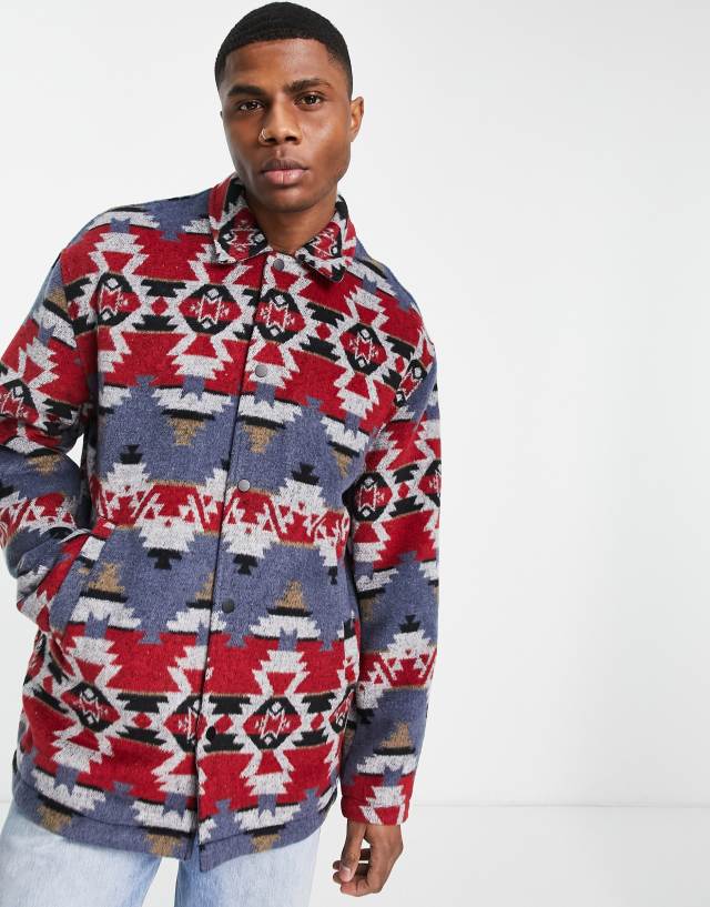 ASOS DESIGN oversized harrington jacket in blue and red patterned design