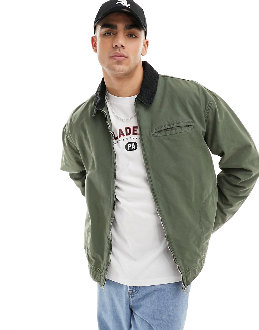 ASOS DESIGN oversized harrington jacket in washed khaki-Green