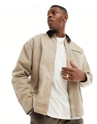 Shop Asos Design Oversized Harrington Jacket In Washed Stone-neutral