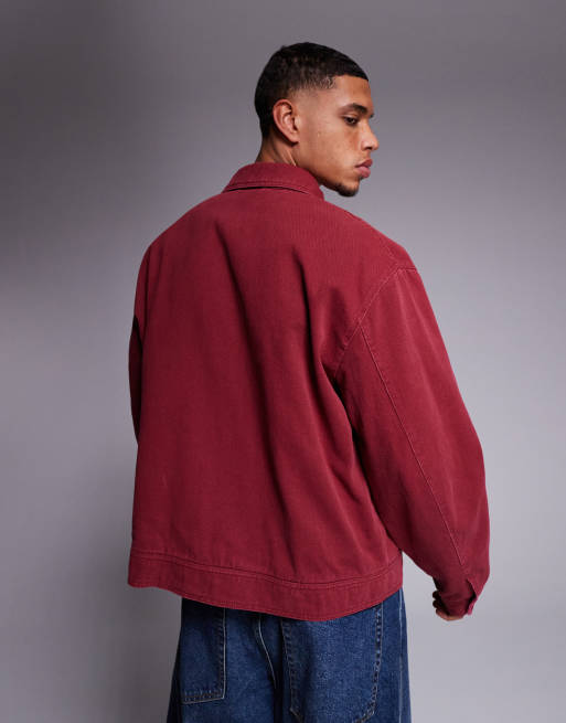 ASOS DESIGN oversized Harrington jacket with chest embroidery in washed red