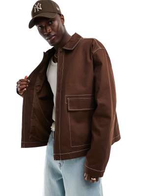 ASOS DESIGN oversized harrington jacket with contrast stitch in brown