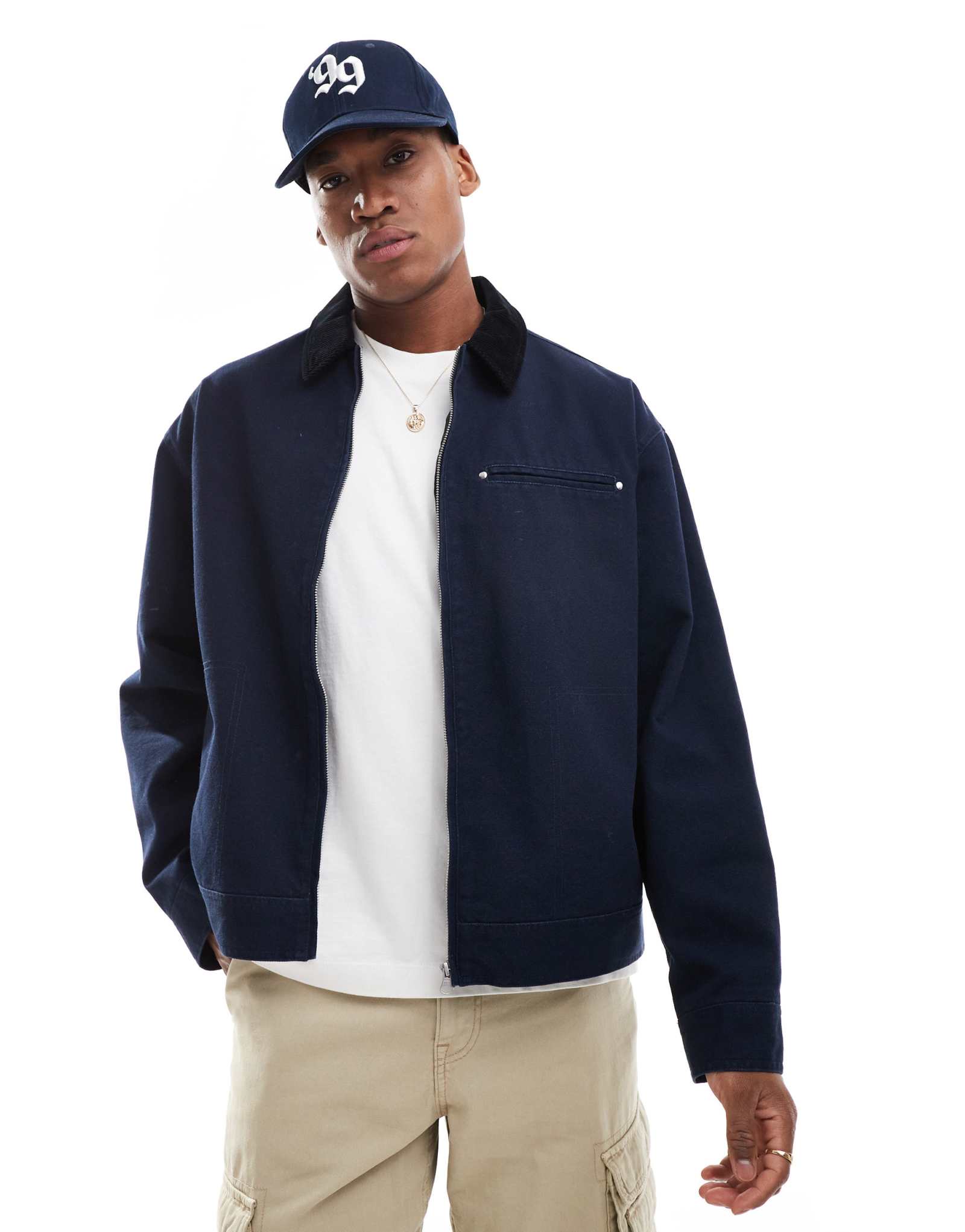 ДИЗАЙНЕРСКАЯ куртка harrington оверсайз от ASOS с воротником-стойкой темно-синего цвета